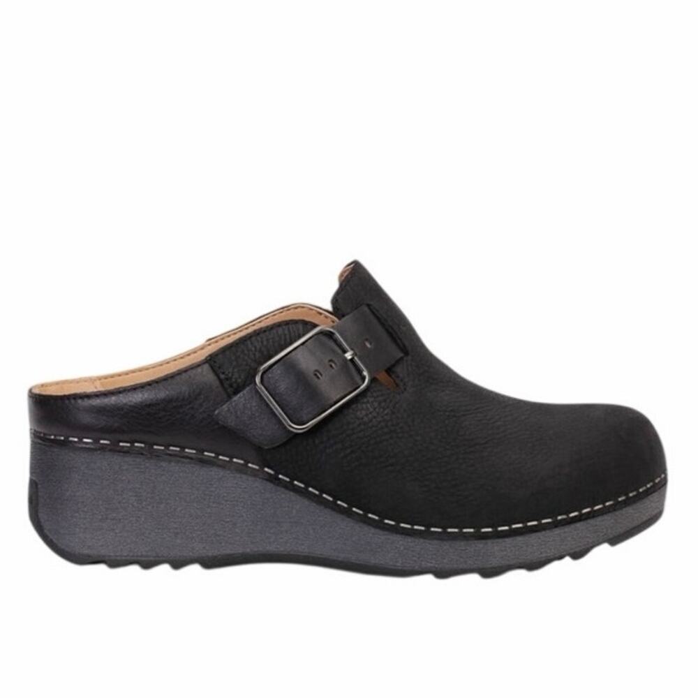 Dansko Women's 41 Caia black nubuck leather wedge mules